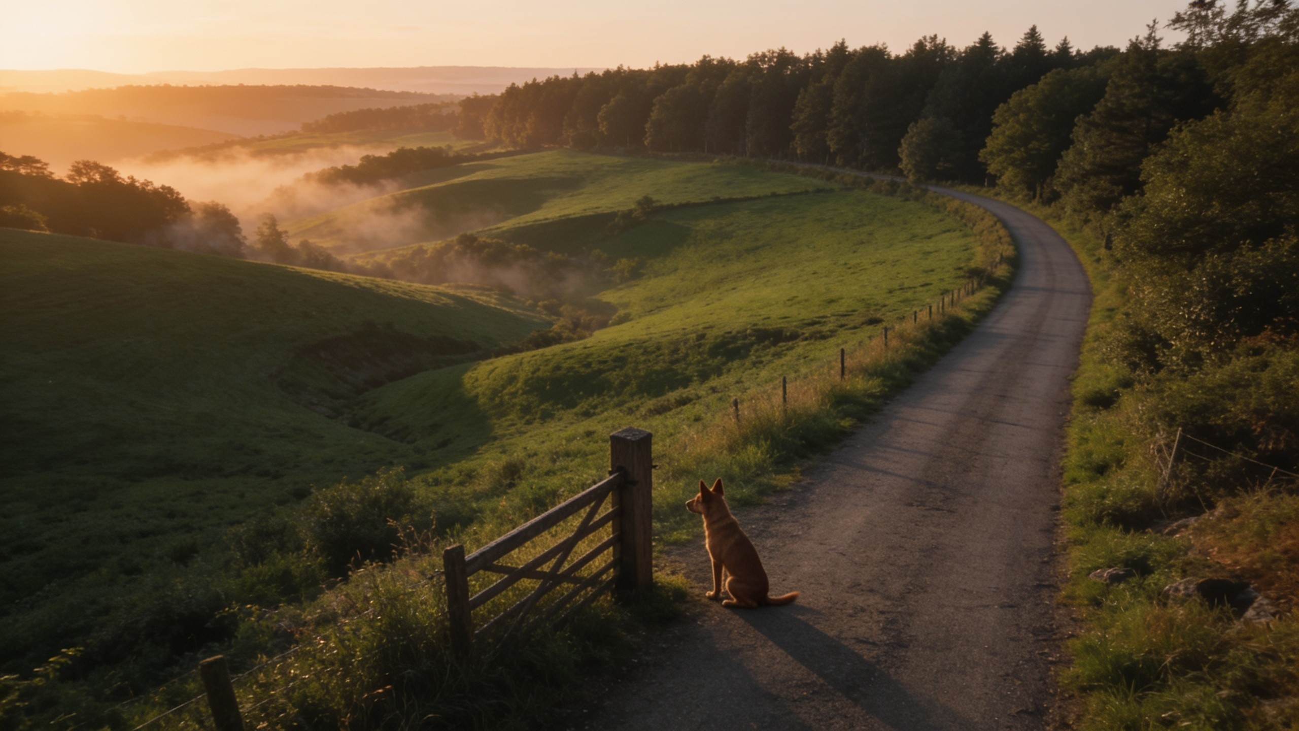 A sunrise landscape of green fields with a small dog sitting at a gatepost.