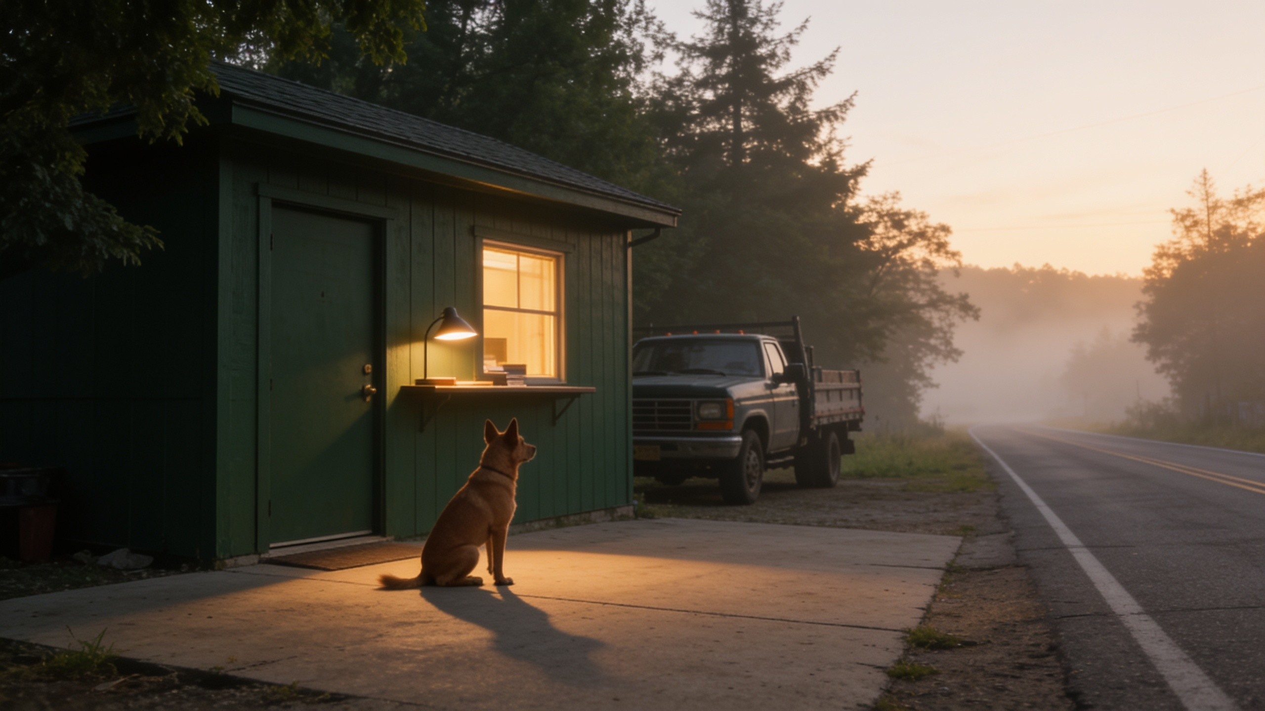 A small office with a warmly lit window at dawn, a dog posted by the door.