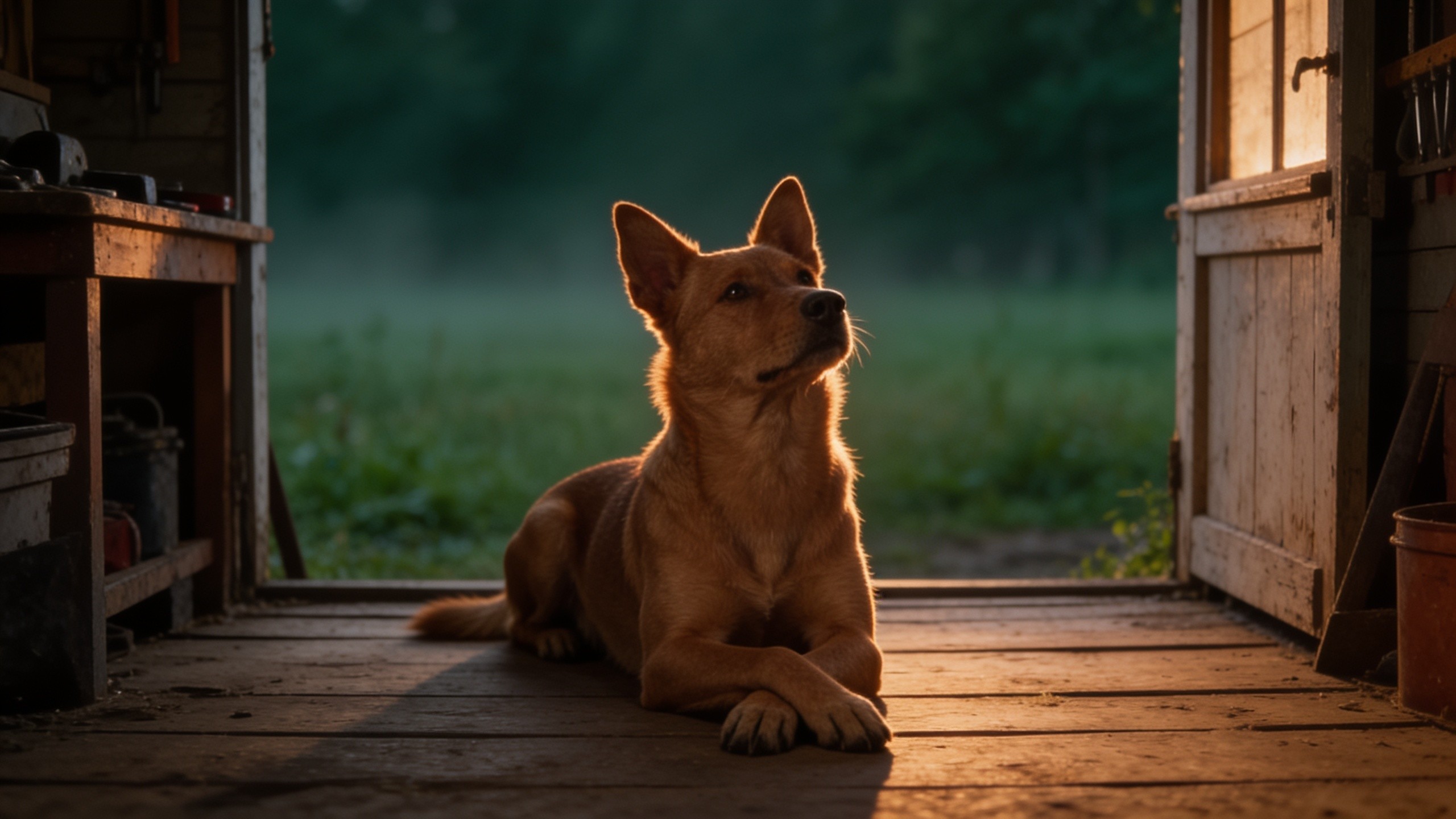 A dog lying calmly on a wooden porch at dawn.